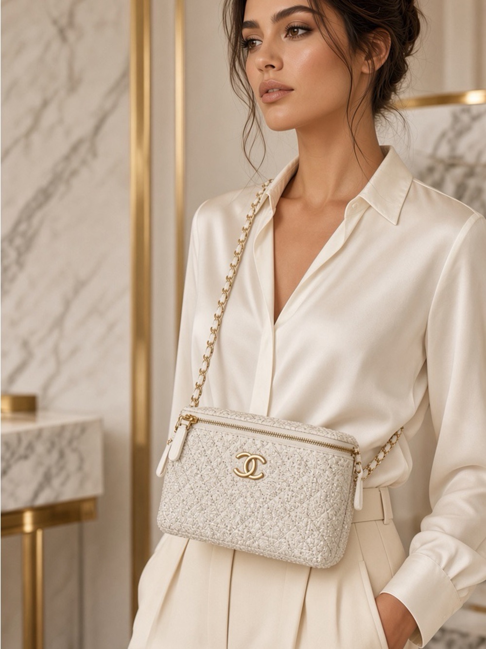 CHANEL MAKEUP Ivory Tweed Shoulder Bag with Gold Chain